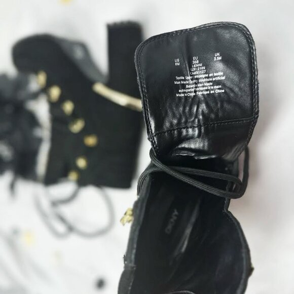 DKNY Black Leather Boots with Gold Accents, Womens Chunky High Heel Ankle Boots - Picture 5 of 12